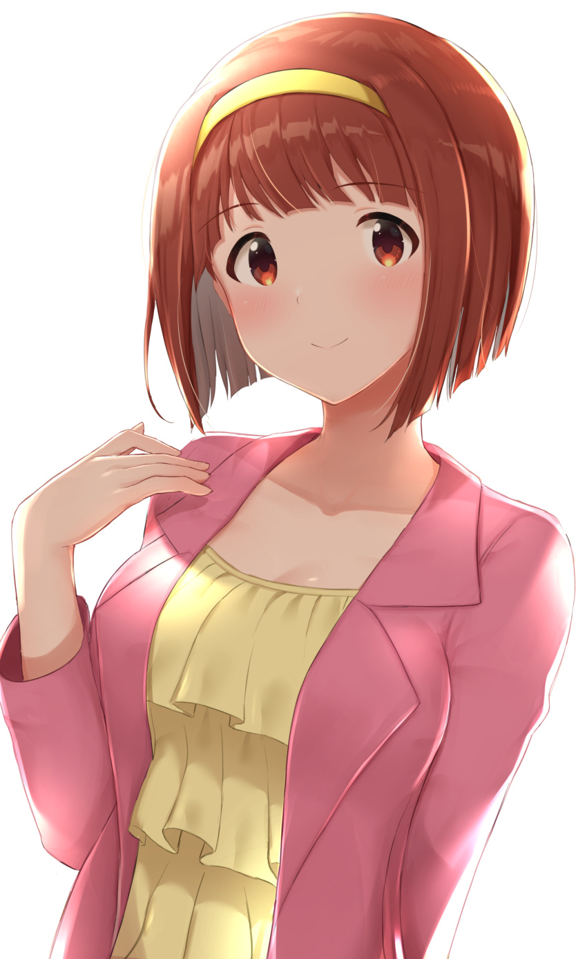 1girl absurdres alternate_hair_length alternate_hairstyle bangs blunt_bangs breasts brown_eyes brown_hair cleavage closed_mouth collarbone eyebrows_visible_through_hair hairband highres homco idolmaster idolmaster_million_live! idolmaster_million_live!_theater_days jacket medium_breasts open_clothes open_jacket pink_jacket shiny shiny_hair shiny_skin shirt short_hair simple_background smile solo tanaka_kotoha upper_body white_background yellow_hairband yellow_shirt