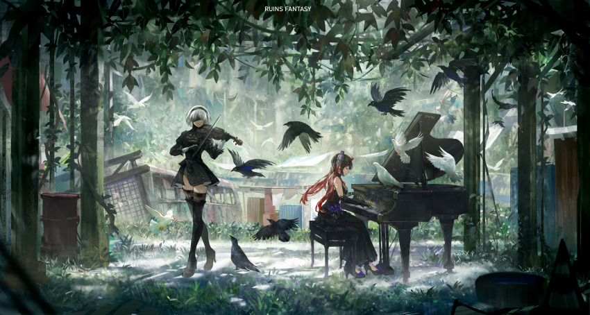 2girls absurdres bangs bare_shoulders bird black_blindfold black_dress black_gloves black_hair blindfold boots chair closed_eyes closed_mouth crossover crow dove dress elbow_gloves full_body gloves hair_between_eyes high_heels highres holding holding_instrument instrument leotard long_sleeves lucia_(punishing:_gray_raven) multiple_girls music nier_(series) nier_automata piano playing_instrument punishing:_gray_raven scenery short_hair sitting standing thigh_boots thighhighs violin white_gloves white_hair yorha_no._2_type_b zzz_(orchid-dale)