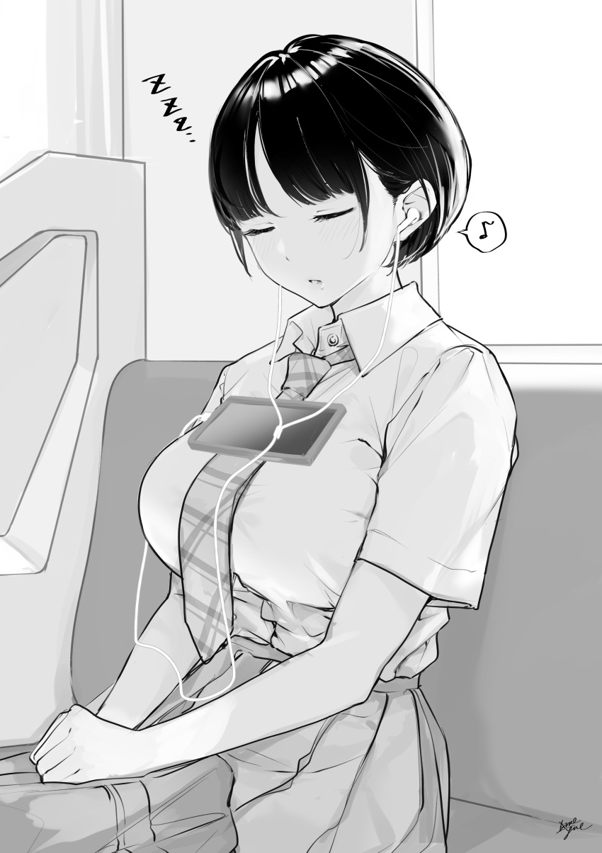 1girl absurdres breasts cellphone earphones greyscale highres large_breasts listening_to_music monochrome musical_note original phone school_uniform short_hair sitting sleeping smartphone solo takenoko_no_you zzz
