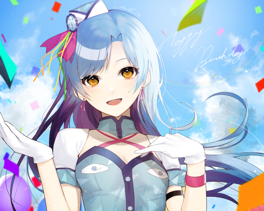 1girl :d blue_collar blue_hair blue_sky brown_eyes collar criss-cross_halter detached_collar earrings floating_hair gloves green_ribbon hair_intakes hair_ribbon halterneck happy_birthday hat highres idolmaster idolmaster_(classic) jewelry kisaragi_chihaya koyo_akio long_hair looking_at_viewer mini_hat open_mouth red_ribbon ribbon short_sleeves sky smile solo thigh_strap upper_body very_long_hair white_gloves yellow_ribbon