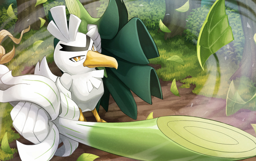 bird bright_pupils closed_mouth commentary_request day gen_8_pokemon grass hakuginnosora highres holding leaf leaves_in_wind no_humans outdoors pokemon pokemon_(creature) shield sirfetch'd solo spring_onion standing tree white_pupils yellow_eyes