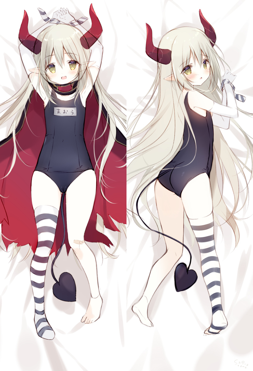 1girl arms_up ass bangs bare_shoulders barefoot bed_sheet black_swimsuit blush brown_eyes cape commentary_request curled_horns dakimakura_(medium) demon_girl demon_horns demon_tail elbow_gloves emma_august eyebrows_visible_through_hair gloves grey_hair hair_between_eyes highres horns looking_at_viewer lying multiple_views nijisanji old_school_swimsuit on_back on_side open_mouth pointy_ears red_cape school_swimsuit shiratama_(shiratamaco) single_thighhigh striped striped_legwear swimsuit tail thighhighs torn_cape torn_clothes virtual_youtuber white_gloves