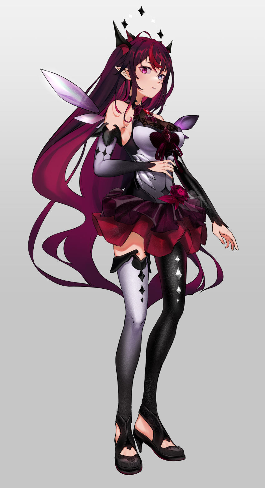 1girl absurdres artpatient black_footwear blue_eyes breasts detached_sleeves detached_wings from_side halo hand_on_own_stomach heterochromia high_heels highres hololive hololive_english horns irys_(hololive) long_hair looking_at_viewer medium_breasts open_hand parted_lips pointy_ears purple_eyes purple_hair single_legging single_thighhigh solo standing thighhighs very_long_hair virtual_youtuber wings