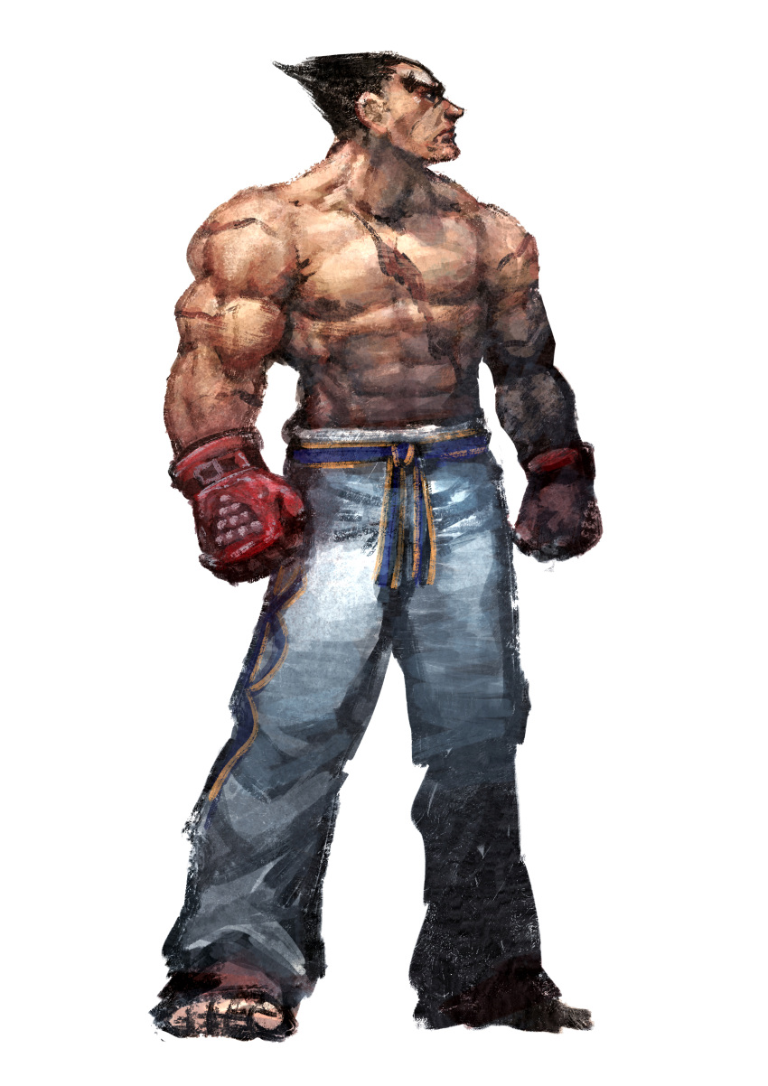 1boy absurdres black_hair cirenk fingerless_gloves full_body gloves highres male_focus mishima_kazuya muscular pants red_eyes scar shirtless short_hair simple_background tekken thick_eyebrows