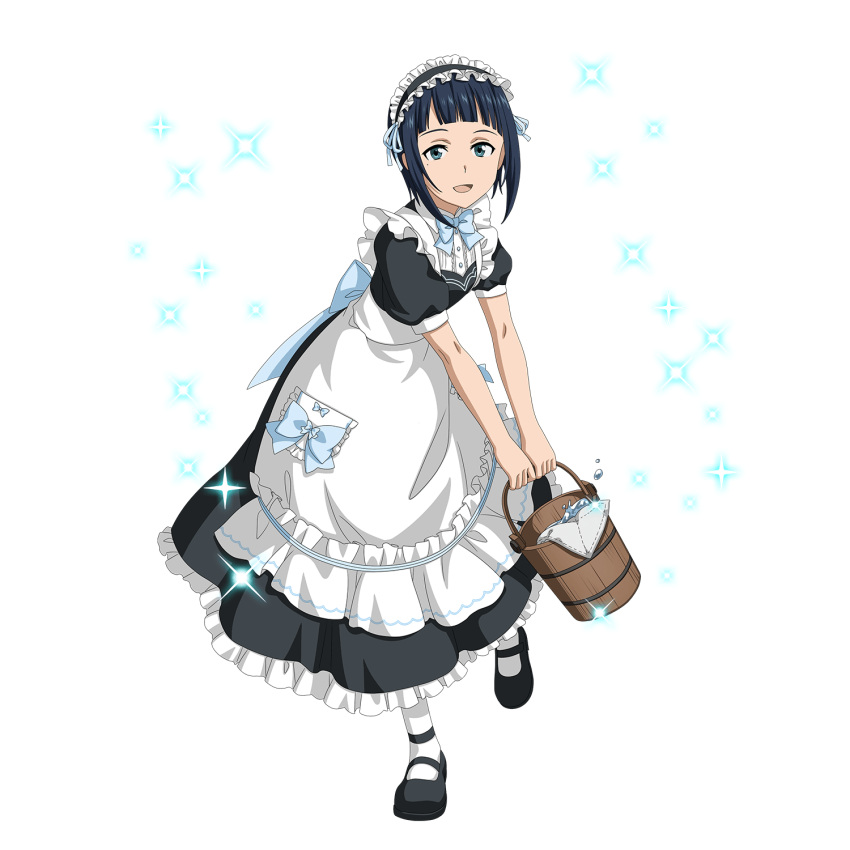 1girl :d apron aqua_eyes back_bow bangs black_footwear black_hair black_skirt black_sleeves blue_bow blue_neckwear blue_ribbon blunt_bangs bow bucket dress_shirt frilled_skirt frills full_body hair_ribbon highres holding holding_bucket leaning_forward long_skirt looking_at_viewer maid maid_headdress mary_janes mole mole_under_eye official_art open_mouth ribbon sachi_(sao) shiny shiny_hair shirt shoes short_hair short_sleeves skirt smile solo standing standing_on_one_leg sword_art_online transparent_background waist_apron white_apron white_legwear white_shirt