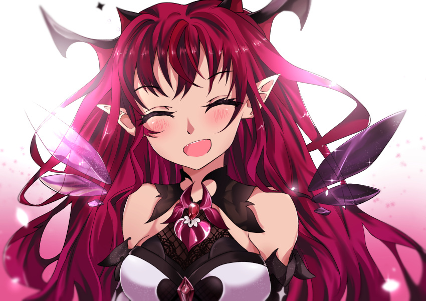 1girl absurdres bangs bare_shoulders black_dress blue_eyes breasts brooch cleavage closed_eyes detached_sleeves dress eyebrows_visible_through_hair facing_viewer flower hair_between_eyes heterochromia highres hololive hololive_english horns irys_(hololive) jewelry long_hair multicolored_hair open_mouth pointy_ears purple_eyes purple_hair smile solo two-tone_dress two-tone_hair virtual_youtuber white_dress wings zerosketchbook