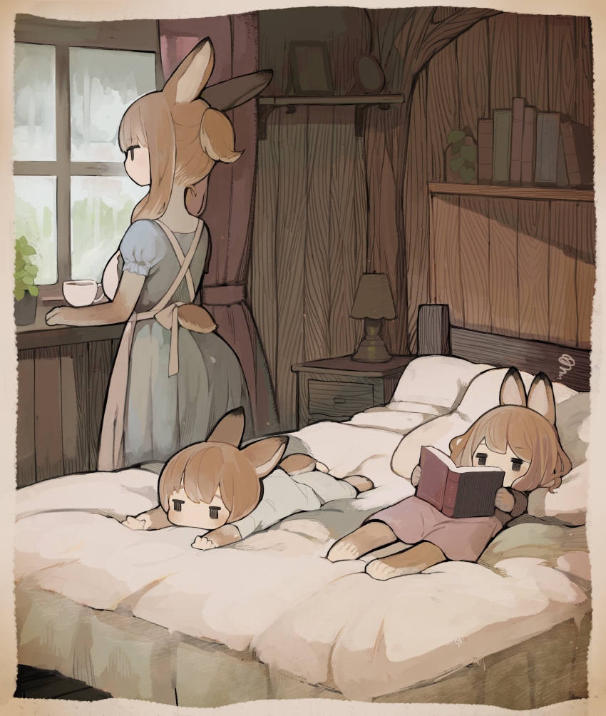 3girls absurdres animal_ears apron blue_dress book brown_hair bunny_ears bunny_girl bunny_tail child commentary cup dress fur headboard highres holding holding_book lamp long_hair looking_out_window lying multiple_girls on_back on_bed on_stomach original pillow plant potted_plant sakutake_(ue3sayu) shelf short_ponytail tail teacup white_apron window windowsill