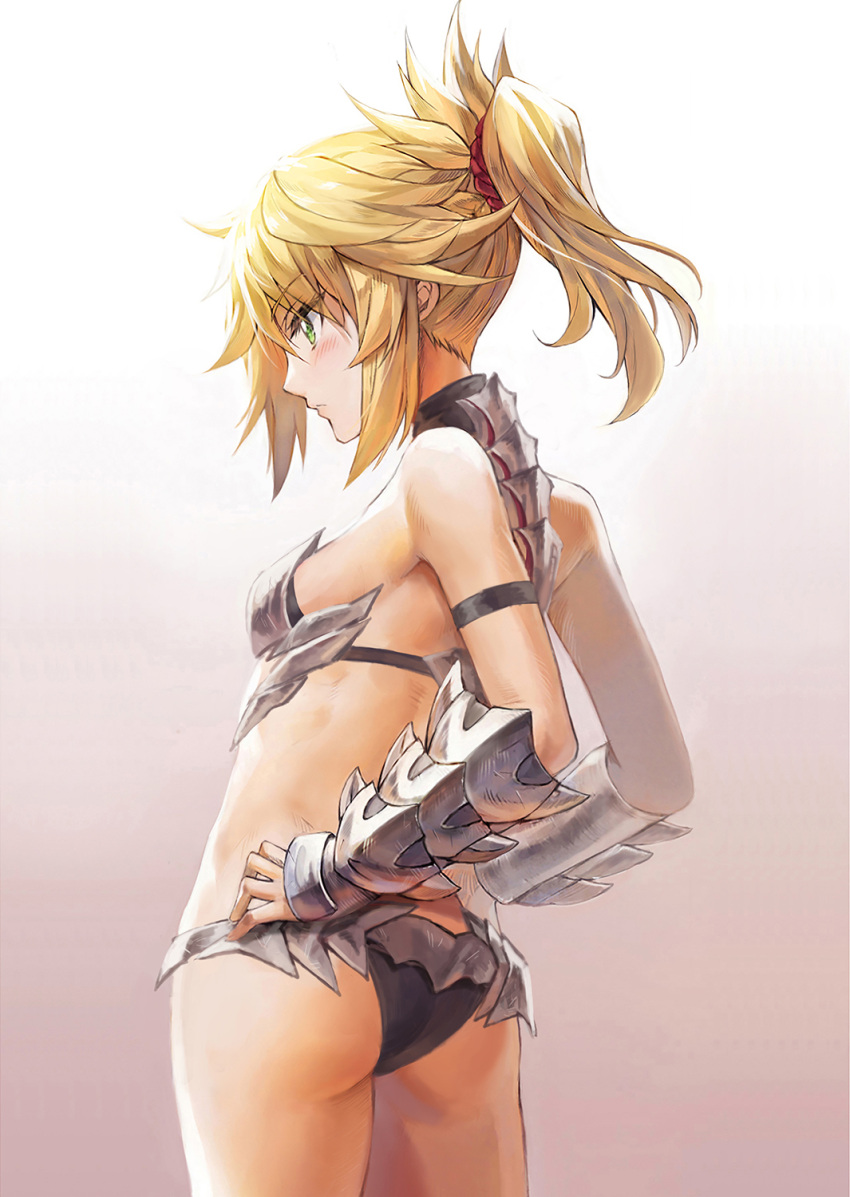 1girl armor ass bangs bare_shoulders bikini bikini_armor black_bikini blonde_hair braid breasts fate/apocrypha fate_(series) french_braid gauntlets gradient gradient_background green_eyes hair_ornament hair_scrunchie highres long_hair mordred_(fate) mordred_(fate)_(all) parted_bangs ponytail scrunchie sidelocks small_breasts swimsuit thighs tonee