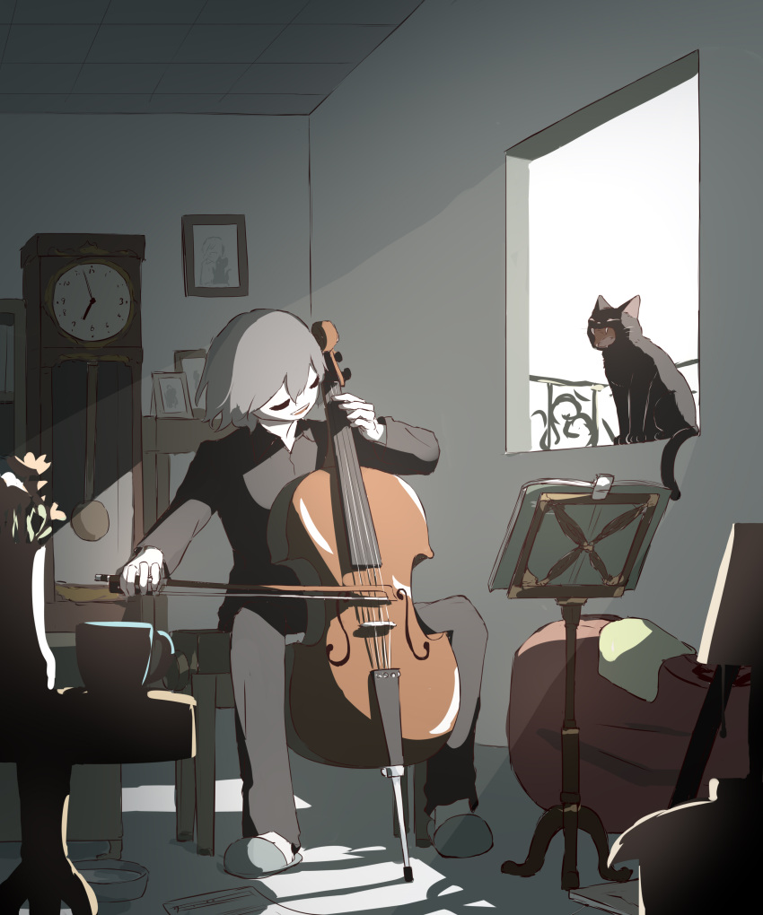 :d absurdres avogado6 black_cat black_pants black_shirt cat clock closed_eyes grandfather_clock grey_hair highres indoors instrument instrument_request long_sleeves music open_mouth pants parted_lips playing_instrument shirt sitting smile