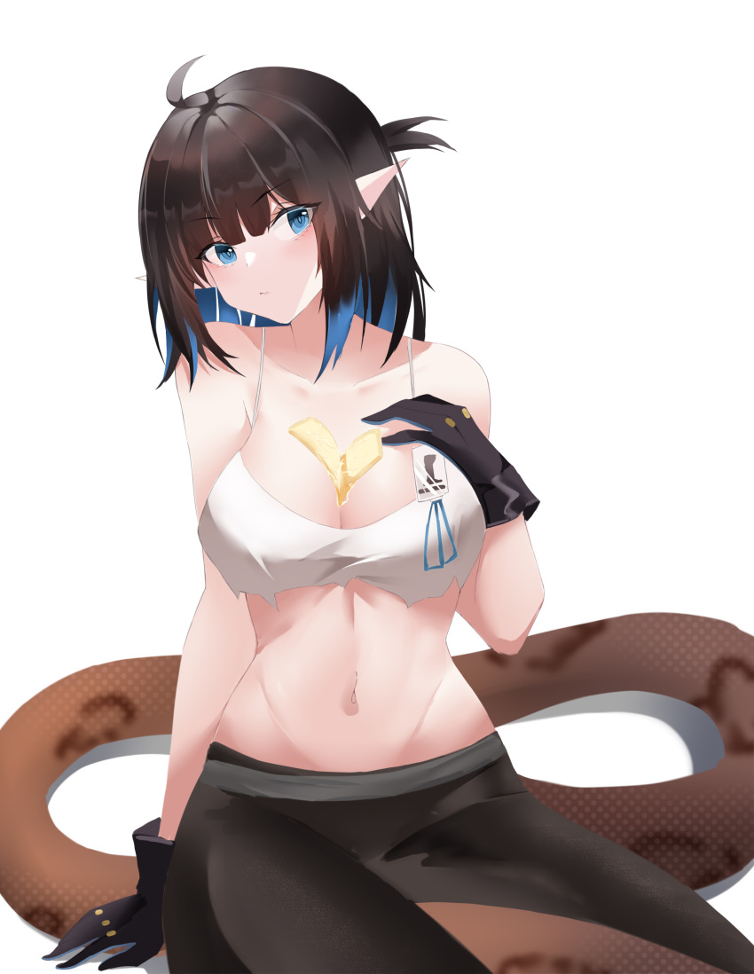 1girl absurdres ahoge arknights arm_strap bangs bare_arms bare_shoulders beijiushui between_breasts black_gloves black_hair black_pants blue_eyes blue_hair blue_shorts breasts camisole cheese cleavage collarbone cowboy_shot crop_top eunectes_(arknights) eunectes_(forgemaster)_(arknights) food gloves hand_on_own_chest highres large_breasts long_hair looking_at_viewer midriff navel official_alternate_costume one_side_up pants pointy_ears shorts simple_background sitting snake_tail solo spaghetti_strap stomach symbol_commentary tail white_background