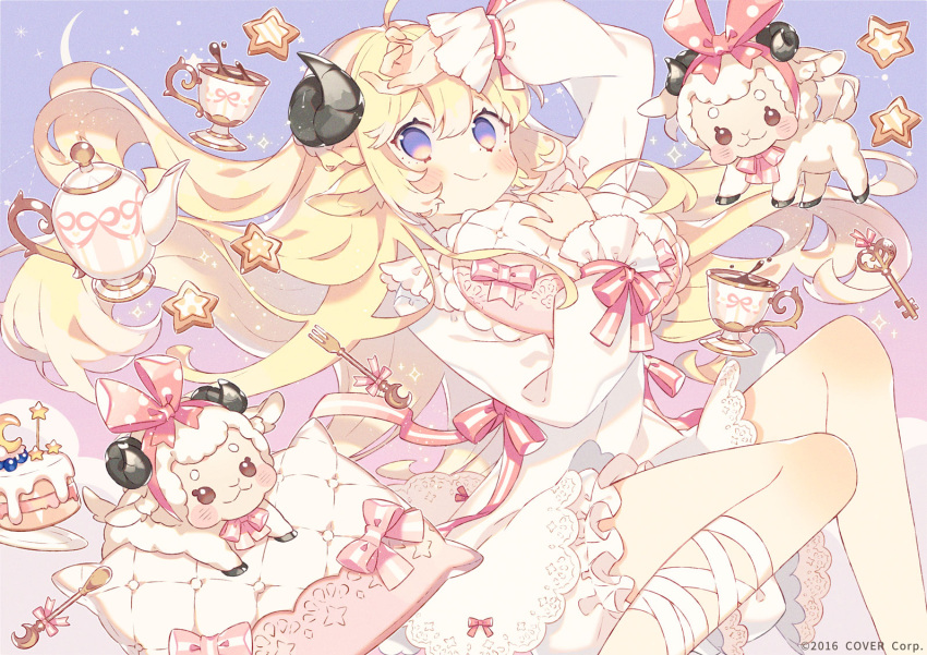 1girl animal_ears bangs blonde_hair bow cake cookie copyright cup dress food fork frilled_dress frills heart heart_pillow holding holding_pillow hololive horns key leg_strap long_hair looking_at_viewer moon_(ornament) pillow plate purple_eyes red_bow red_ribbon ribbon sheep sheep_ears sheep_girl sheep_horns sidelocks sky solo_focus splashing spoon star_(sky) star_(symbol) starry_sky striped striped_bow striped_ribbon tea teacup teapot tsunomaki_watame very_long_hair wakanagi_eku white_dress