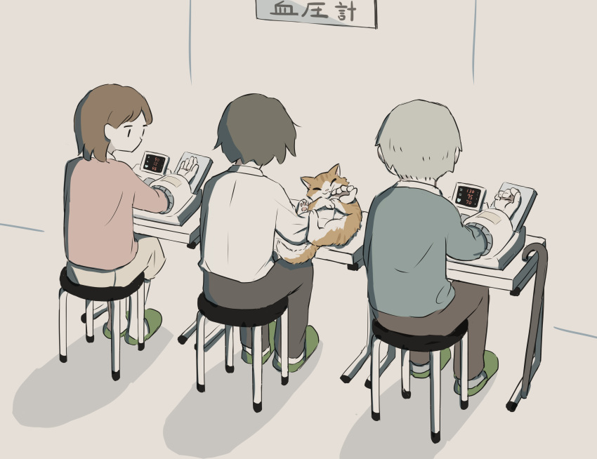 1girl 2boys absurdres avogado6 blood_pressure_monitor blue_shirt brown_hair brown_pants cat commentary_request from_behind grey_skirt highres measuring monitor multiple_boys original pants pink_shirt shirt skirt slippers white_shirt