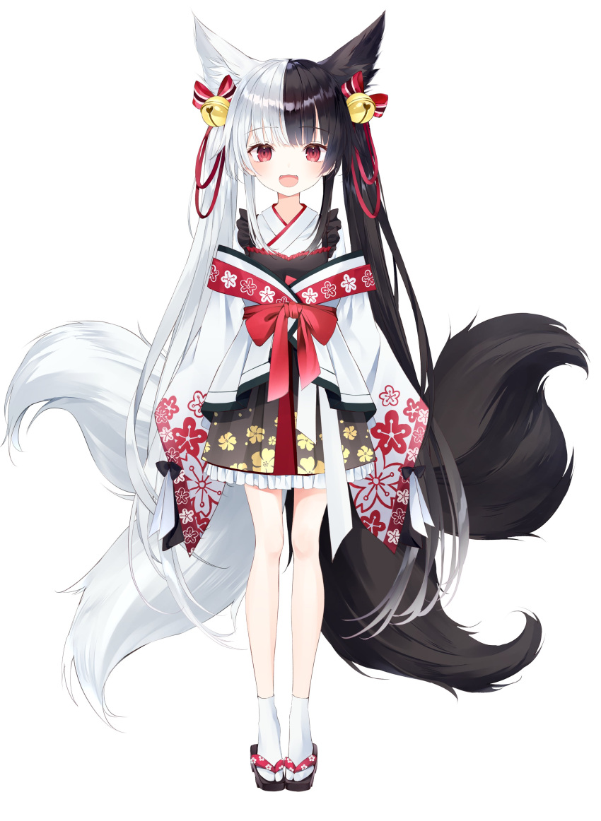 absurdres alice_mana alice_mana_channel animal_ear_fluff animal_ears bangs bell black_bow black_hair bow fangs fox_ears fox_girl fox_tail full_body hair_bell hair_ornament highres japanese_clothes kimono long_hair multicolored_hair multiple_tails nabi_(uz02) official_art open_mouth red_eyes sandals sleeves_past_fingers sleeves_past_wrists smile socks tail twintails two-tone_hair very_long_hair virtual_youtuber white_background white_hair