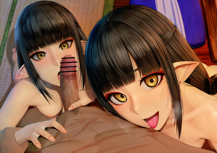 1boy 2girls bangs bar_censor black_hair blunt_bangs blush breasts censored eyeliner fewer_digits ffm_threesome group_sex handjob hetero hinoa jellytits-7 licking licking_nipple long_hair looking_at_viewer makeup md5_mismatch medium_breasts minoto monster_hunter_(series) monster_hunter_rise multiple_girls nipples nude open_mouth penis pointy_ears shimaidon_(sex) siblings sisters smile threesome tongue tongue_out twins yellow_eyes