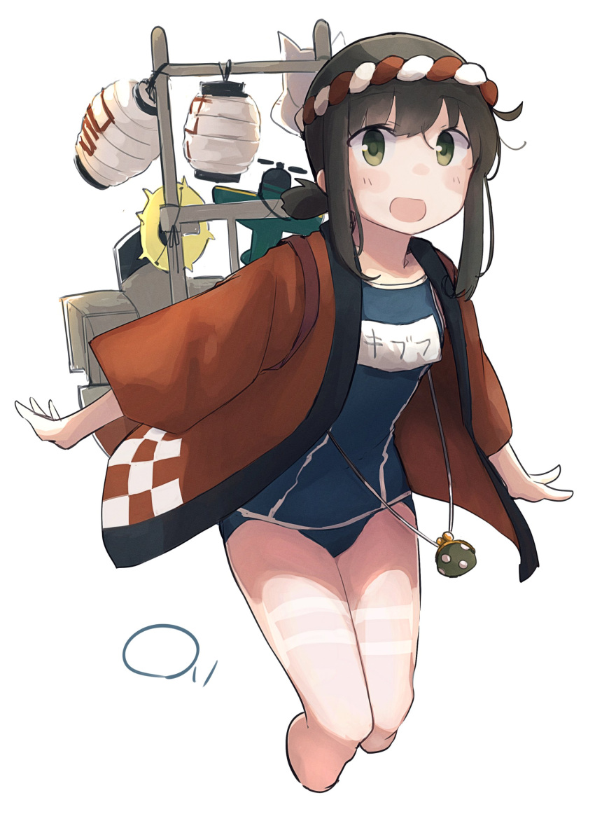 1girl absurdres adapted_costume aircraft airplane black_hair black_swimsuit brown_eyes checkered covered_navel cowboy_shot enemy_lifebuoy_(kancolle) fox_mask fubuki_(kancolle) hachimaki happi headband highres japanese_clothes kantai_collection lantern low_ponytail ma_rukan machinery mask name_tag nejiri_hachimaki old_school_swimsuit one-piece_swimsuit paper_lantern red_shirt remodel_(kantai_collection) rigging school_swimsuit shirt short_ponytail simple_background smokestack solo swimsuit swimsuit_under_clothes toy white_background