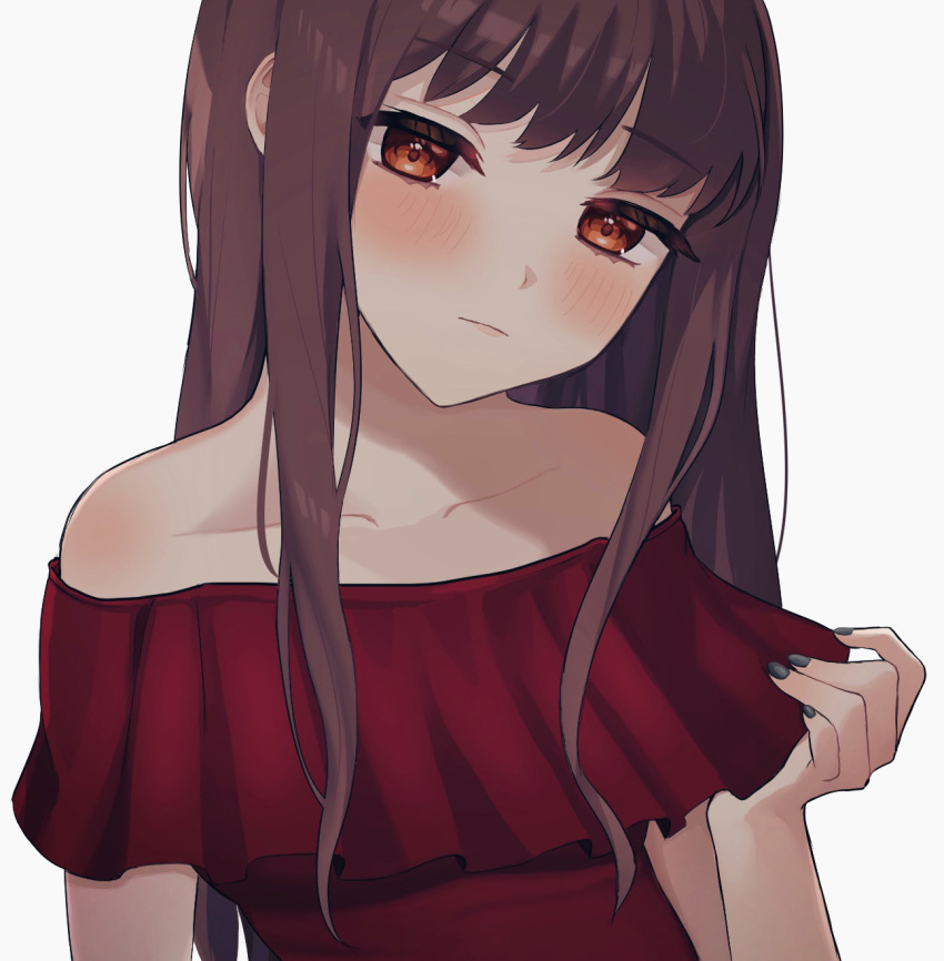 1girl alternate_costume bangs bare_shoulders black_nails blush brown_eyes brown_hair closed_mouth collarbone commentary_request dress eyebrows_visible_through_hair grey_background hand_up highres iino_miko kaguya-sama_wa_kokurasetai_~tensai-tachi_no_renai_zunousen~ long_hair looking_at_viewer nail_polish off-shoulder_dress off_shoulder ponzu_(udon) red_dress short_sleeves sidelocks simple_background smile solo upper_body