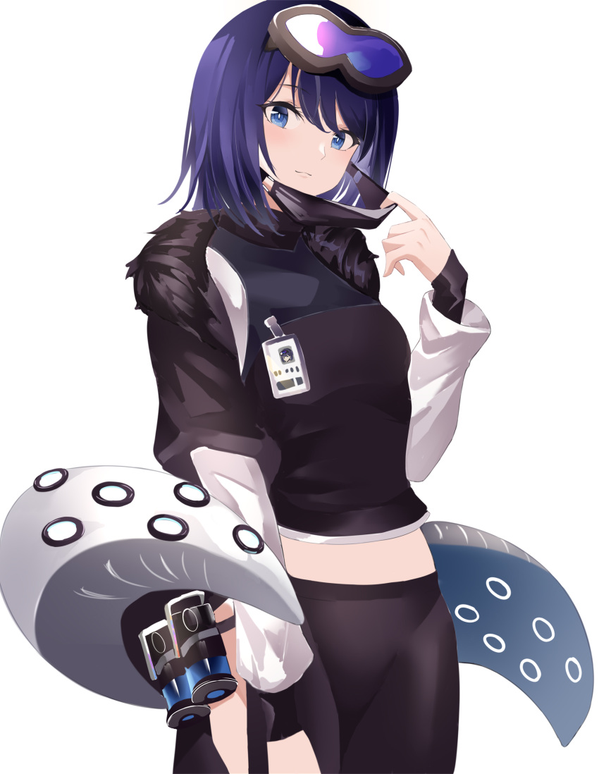 1girl absurdres andreana_(arknights) arknights beijiushui black_jacket black_shirt blue_eyes closed_mouth cowboy_shot fingerless_gloves fur-trimmed_jacket fur_trim gloves highres id_card jacket light_smile looking_at_viewer mask_pull multicolored_hair off-shoulder_shirt off_shoulder open_clothes open_jacket ponytail purple_hair shirt short_hair solo streaked_hair symbol_commentary tentacles tree