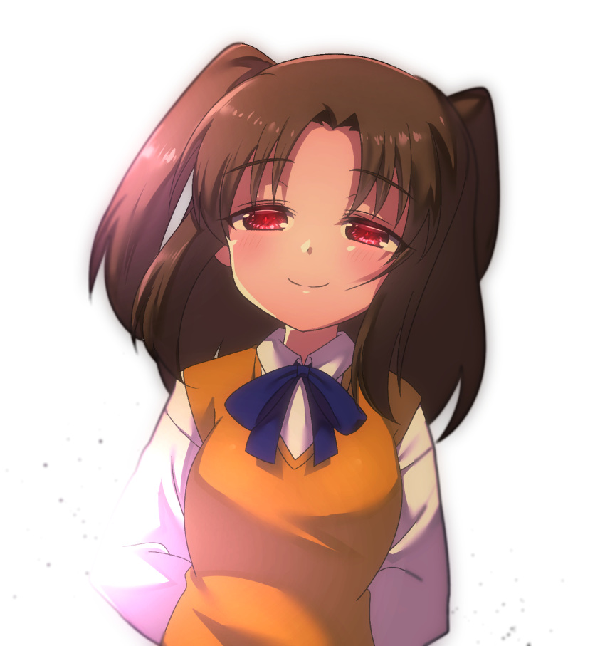 1girl arms_behind_back bangs blue_bow blue_neckwear bow bowtie breasts brown_hair closed_mouth commentary_request eyebrows_visible_through_hair happy highres itsuka_neru long_sleeves looking_at_viewer medium_breasts melty_blood red_eyes shirt sidelocks simple_background smile solo tsukihime type-moon upper_body white_background white_sleeves yellow_shirt yumizuka_satsuki