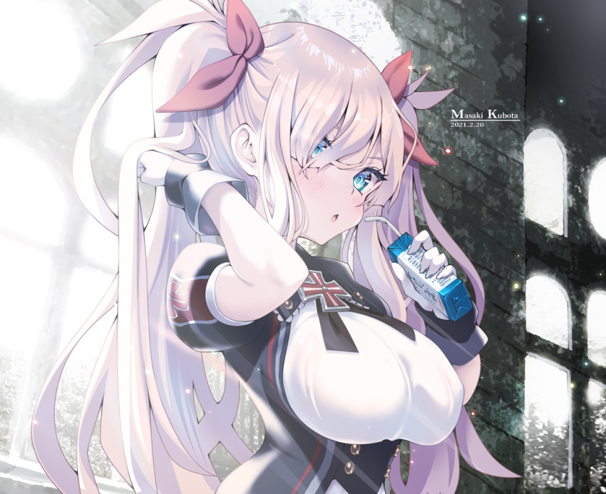 1girl artist_name blonde_hair blue_eyes blush breasts covered_nipples cross dated drink drinking_straw gloves hair_ribbon holding holding_drink indoors juice_box kubota_masaki light_particles light_rays long_hair looking_at_viewer open_mouth original platinum_blonde_hair red_ribbon ribbon solo tree twintails upper_body white_gloves window