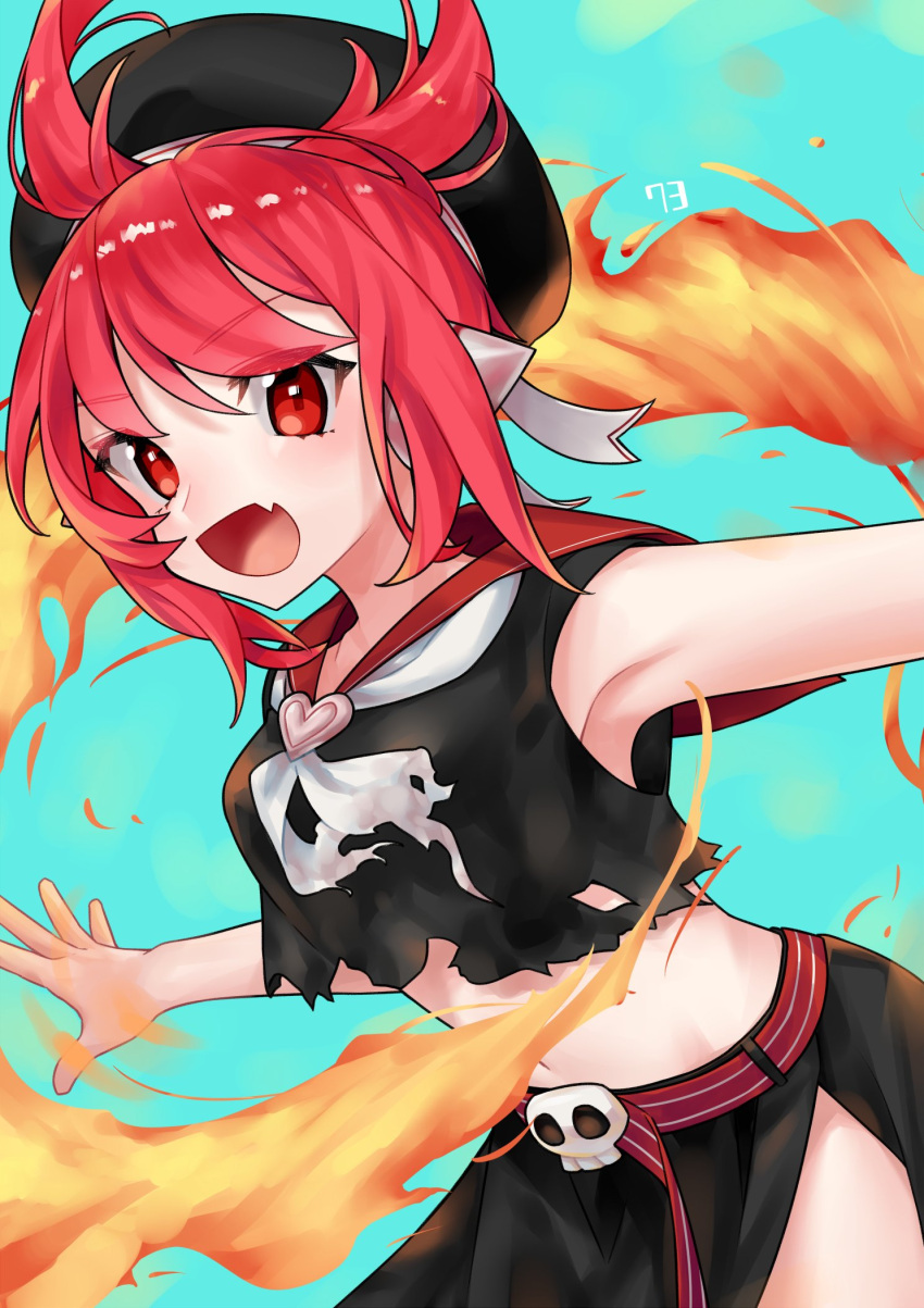 100_percent_orange_juice 1girl artist_request belt character_request crop_top eyebrows_visible_through_hair fang fire hat highres light_blue_background midriff navel red_eyes red_hair sailor_collar short_hair simple_background skirt skull sleeveless stomach suguri white_neckwear