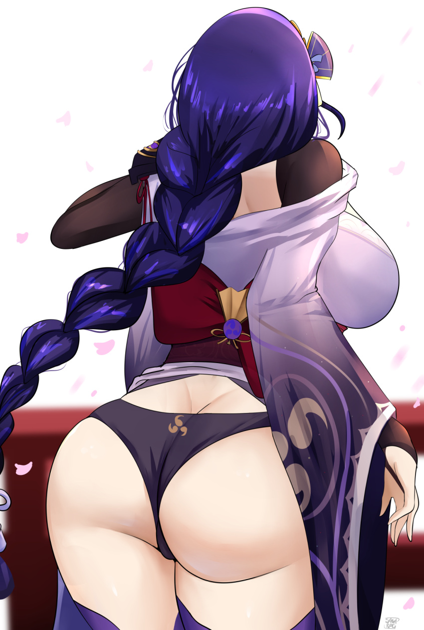 1girl arm_up armor ass back black_gloves black_panties bow braid braided_ponytail breasts bridal_gauntlets butt_crack cherry_blossoms commentary_request from_behind genshin_impact gloves hair_ornament highres japanese_clothes kimono large_breasts long_braid long_hair mitsudomoe_(shape) obi obijime panties petals print_kimono purple_hair purple_kimono purple_legwear raiden_shogun red_bow red_sash sana!rpg sash short_kimono shoulder_armor shoulder_blades shrug_(clothing) signature solo thighhighs thong tomoe_(symbol) underwear very_long_hair waist_bow white_background wide_sleeves