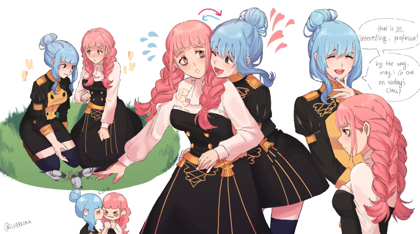 2girls absurdres blue_hair brown_eyes english_commentary english_text fire_emblem fire_emblem:_three_houses flying_sweatdrops garreg_mach_monastery_uniform highres hilda_valentine_goneril ilvernaa kiss kissing_cheek marianne_von_edmund multiple_girls multiple_views personality_switch pink_eyes pink_hair seiza sitting speech_bubble thighhighs yuri