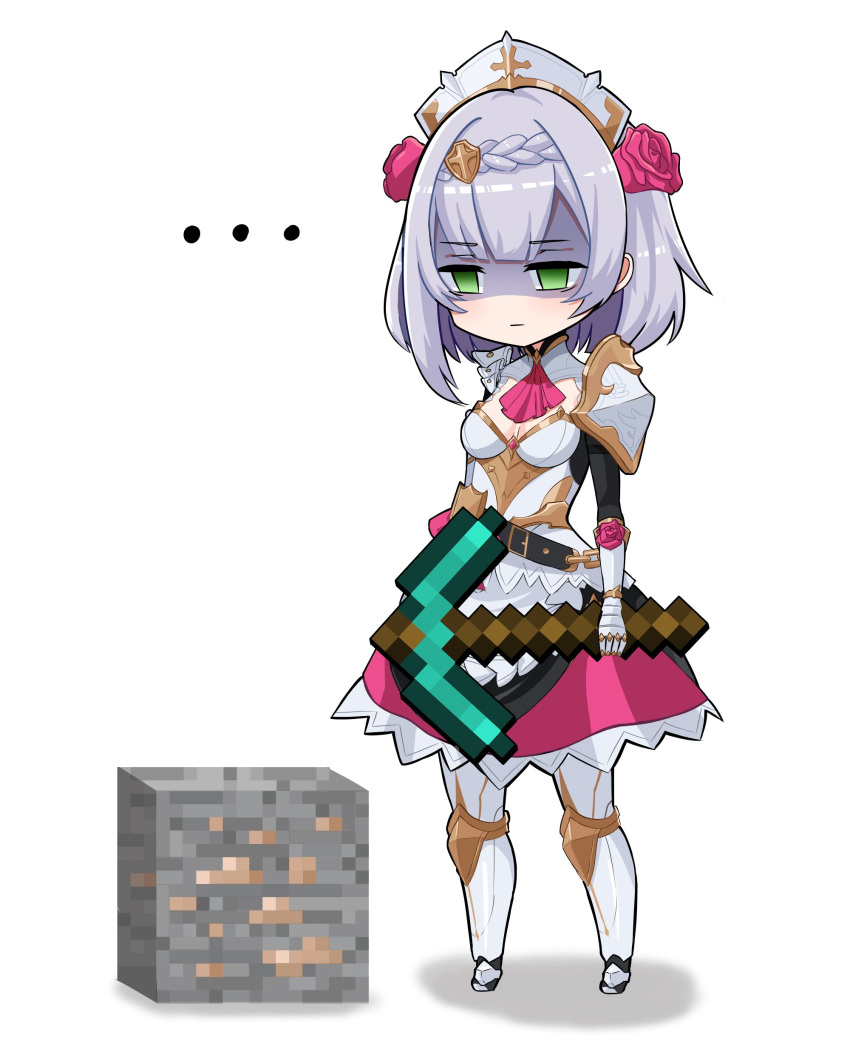 ... 1girl absurdres annoyed bangs breasts chibi crossover diamond_pickaxe eyebrows_visible_through_hair flower genshin_impact green_eyes hair_flower hair_ornament highres holding_pickaxe jitome keicyanyan knight medium_breasts metal_boots metal_gloves minecraft minecraft_pickaxe noelle_(genshin_impact) red_flower red_rose rose shaded_face silver_hair solo