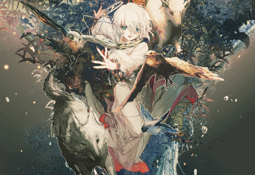 1girl animal bird black_background blue_eyes bracelet chinese_commentary commentary_request dress flower foreshortening hawk highres jewelry leaf looking_at_viewer open_mouth outstretched_arms plant sheep short_hair smile soshi1234 vocaloid vsinger white_dress white_hair wolf yanhe