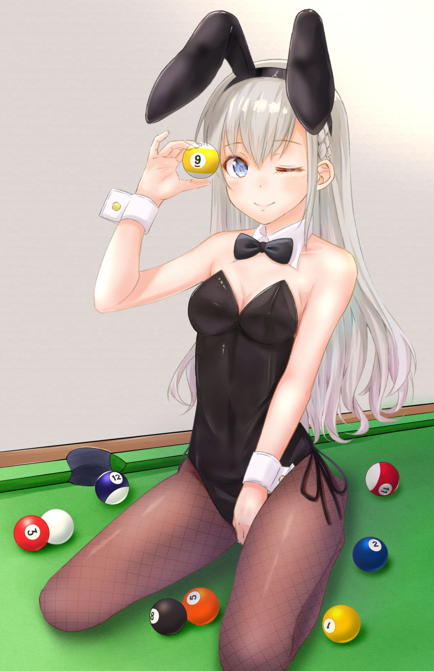 1girl absurdres animal_ears bangs billiards black_leotard black_neckwear blue_eyes bow bowtie braid breasts brown_neckwear bunny_ears ca_paria cleavage commentary_request cue_ball detached_collar fishnet_legwear fishnets full_body grey_hair highres hisakawa_hayate idolmaster idolmaster_cinderella_girls kneeling leotard long_hair looking_at_viewer on_table pantyhose playboy_bunny pool_ball pool_table small_breasts solo strapless strapless_leotard table wrist_cuffs