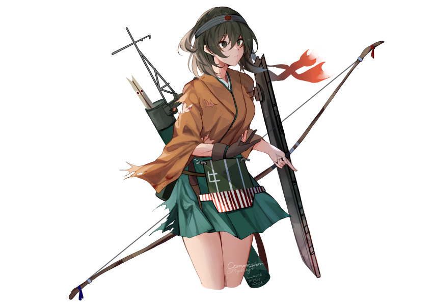 1girl absurdres apron arrow_(projectile) bow_(weapon) brown_gloves brown_hair commission flight_deck gloves green_hakama hakama hakama_skirt headband highres hiryuu_(kancolle) holding holding_bow_(weapon) holding_weapon japanese_clothes kantai_collection kimono miyasaka_miyabi one_side_up partially_fingerless_gloves quiver remodel_(kantai_collection) rigging short_hair single_glove solo weapon yellow_kimono yugake yumi_(bow)