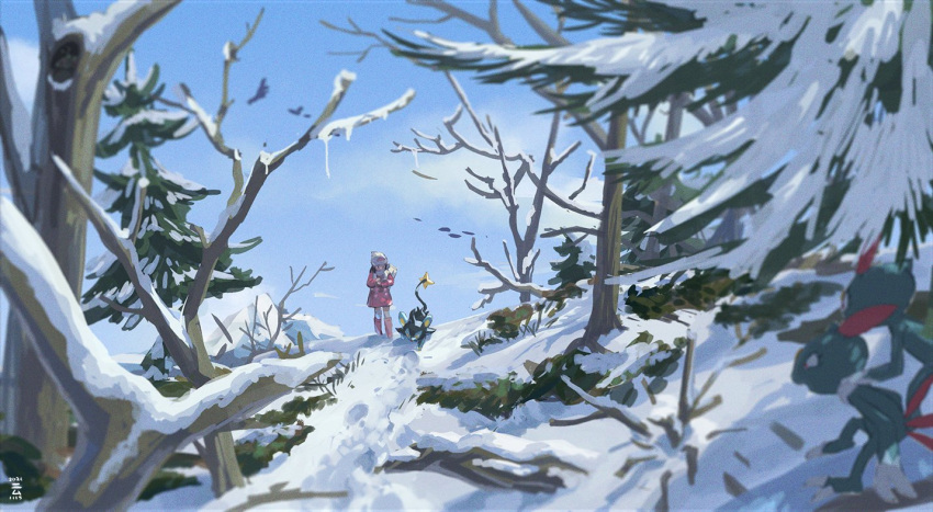 1girl bare_tree beanie boots coat dawn_(pokemon) day hat long_sleeves looking_down luxray outdoors pink_coat pink_footwear pokemon pokemon_(creature) pokemon_(game) pokemon_dppt pokemon_platinum ponimu scarf sky sneasel snow standing symbol-only_commentary tree white_bag white_headwear white_scarf
