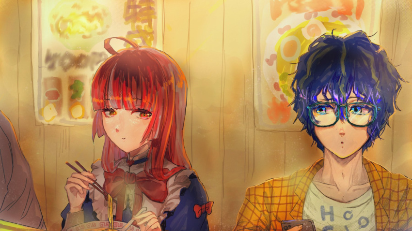 1boy 1girl ahoge astel_leda bangs blonde_hair blue_eyes blue_hair bow cellphone chopsticks collarbone commentary food glasses heterochromia highres hime_cut holding holding_chopsticks hololive hololive_indonesia holostars kaina_nanika kureiji_ollie large_bow long_hair looking_at_another multicolored_hair noodles olivia_(kureiji_ollie) open_mouth phone ramen red_bow red_eyes red_hair smartphone smile spoon virtual_youtuber yellow_eyes