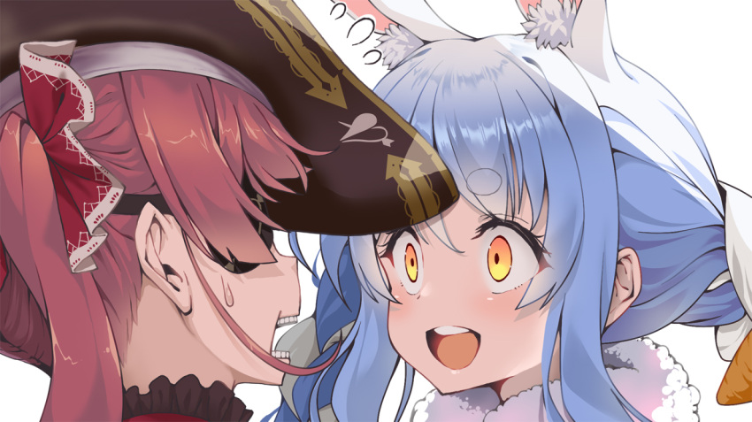 2girls animal_ear_fluff animal_ears bangs black_eyepatch blue_hair braid bunny_ears carrot_hair_ornament commentary crazy_eyes don-chan_(usada_pekora) duplicate eyepatch flying_sweatdrops food-themed_hair_ornament fur_scarf hair_ornament hair_ribbon hololive houshou_marine kubota_masaki long_hair multicolored_hair multiple_girls pixel-perfect_duplicate rabbit_girl ribbon scarf twin_braids usada_pekora virtual_youtuber white_hair white_scarf