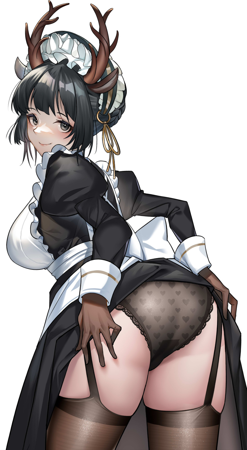 1girl absurdres animal_ears antlers apron arknights ass black_eyes black_hair black_legwear black_panties blush bonnet bow braid breasts brown_gloves closed_mouth clothes_lift commentary cowboy_shot deer_ears dress dress_lift from_behind garter_straps gloves heart heart_print highres juliet_sleeves lace-trimmed_panties lace_trim large_breasts lifted_by_self lips long_sleeves looking_at_viewer looking_back maid maid_apron maid_headdress mili_(pixiv24297867) official_alternate_costume panties print_panties puffy_sleeves short_hair simple_background smile solo thighhighs thighs tsukinogi_(arknights) tsukinogi_(londinium_style_miko)_(arknights) underwear white_background white_bow