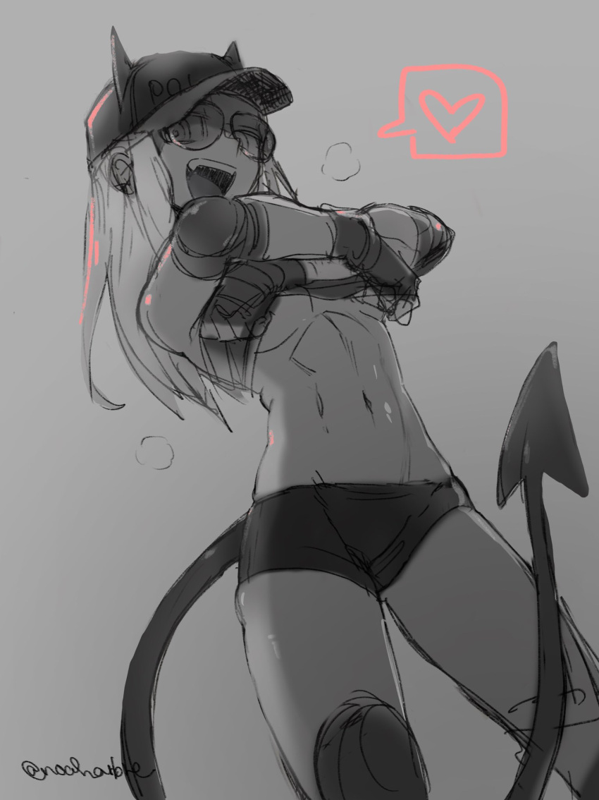 1girl alternate_costume black_shorts black_tail demon_girl demon_tail elbow_pads fingerless_gloves gloves greyscale hat heart helltaker highres justice_(helltaker) knee_pads long_hair monochrome noaharbre official_alternate_costume open_mouth police_hat shiny shiny_skin shorts sketch steam steaming_body sunglasses sweat tail tinted_eyewear twitter_username undressing