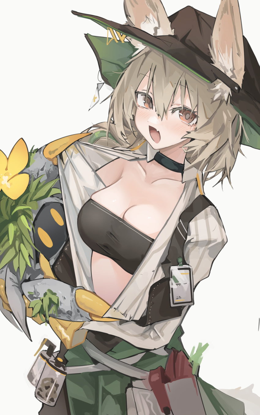 1girl animal animal_ears arknights bandeau bangs beanstalk_(arknights) black_bandeau black_choker black_headwear breasts choker cleavage clothes_pull collarbone commentary_request cowboy_shot crab ears_through_headwear eyebrows_visible_through_hair fang green_skirt grey_background grey_eyes grey_shirt hair_between_eyes hat highres holding holding_animal hyena_ears id_card long_sleeves medium_breasts metal_crab_(arknights) midriff mikojin open_clothes open_mouth open_shirt partial_commentary pulled_by_another shirt shirt_pull short_hair simple_background skin_fang skindentation skirt standing strapless symbol_commentary tubetop