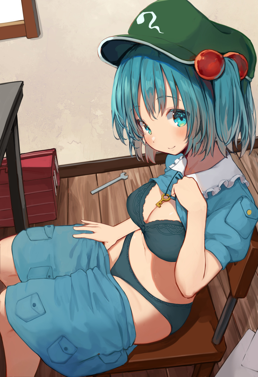 1girl absurdres bangs black_bra black_panties blue_eyes blue_hair blue_shirt blue_skirt blush bra breasts cleavage closed_mouth clothes_lift clothes_pull commentary_request flashing flat_cap frilled_shirt_collar frills green_headwear hair_bobbles hair_ornament hat highres kawashiro_nitori key large_breasts lifted_by_self looking_at_viewer mamemochi medium_hair miniskirt on_chair panties puffy_short_sleeves puffy_sleeves shirt shirt_lift short_sleeves sidelocks sitting skirt skirt_pull smile solo touhou two_side_up underwear