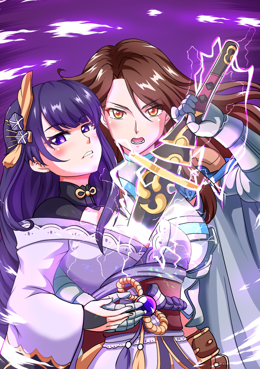 2girls absurdres armor atawatsho between_breasts blush braid breasts brown_hair cleavage electricity gauntlets genshin_impact granblue_fantasy hair_ornament highres japanese_clothes katalina_aryze katana large_breasts long_hair mole mole_under_eye multiple_girls off_shoulder parody purple_eyes purple_hair raiden_(genshin_impact) sawashiro_miyuki sheath shoujo_kakumei_utena single_braid sword unsheathing voice_actor_connection weapon