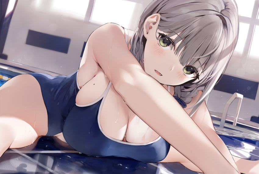 1girl bangs bare_shoulders blue_swimsuit blush breasts cleavage eyebrows_visible_through_hair green_eyes hair_behind_ear hair_over_shoulder highres hololive indoors looking_at_viewer medium_hair mole mole_on_breast niii_(memstapak) one-piece_swimsuit open_mouth pool pool_ladder school_swimsuit shirogane_noel silver_hair stretch swimsuit thighs tile_floor tiles virtual_youtuber water wet