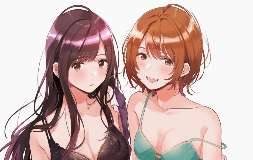 2girls bangs bare_shoulders black_bra blush bra breasts brown_eyes brown_hair cleavage collarbone fly_(marguerite) green_bra highres long_hair looking_at_viewer multiple_girls open_mouth original parted_lips purple_hair short_hair simple_background small_breasts smile strap_slip underwear white_background