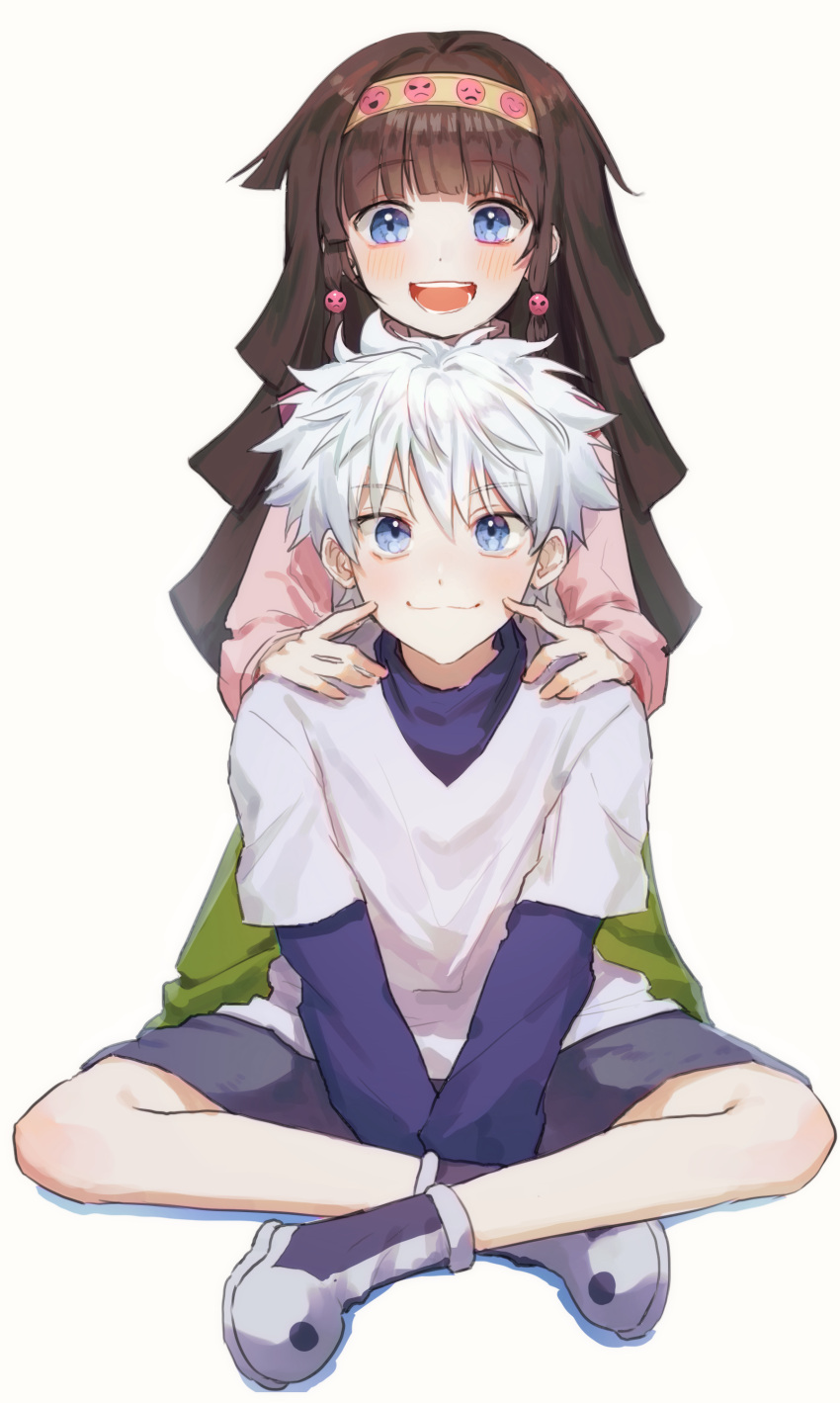 1boy 1girl :d absurdres alluka_zoldyck bangs black_hair blue_eyes blue_shirt blunt_bangs blush brother_and_sister brown_headband closed_mouth commentary eyebrows_visible_through_hair hands_on_another's_shoulders happy headband highres hunter_x_hunter indian_style japanese_clothes killua_zoldyck layered_sleeves long_hair long_sleeves looking_at_viewer messy_hair mmo_(mmo_omm938) multi-tied_hair open_mouth purple_footwear purple_shorts shirt shoes short_hair short_over_long_sleeves short_sleeves shorts siblings simple_background sitting smile spiked_hair standing white_background white_hair white_shirt