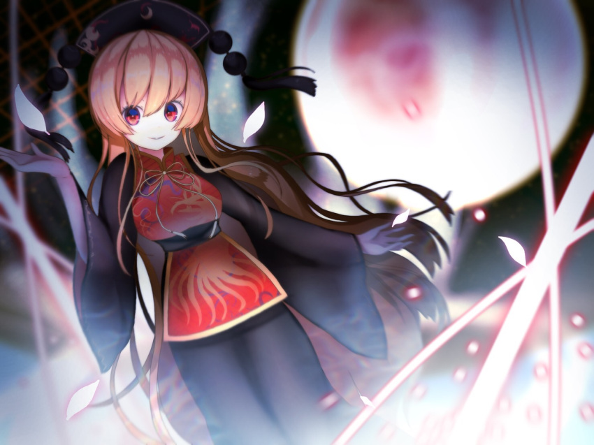 1girl bangs belt black_belt black_dress black_headwear black_sleeves bow breasts chinese_clothes closed_mouth crescent danmaku dress hair_between_eyes hand_up hat holding ikasoba junko_(touhou) legacy_of_lunatic_kingdom long_hair long_sleeves medium_breasts moon orange_hair petals pom_pom_(clothes) red_eyes red_vest smile solo spell_card standing touhou vest wide_sleeves yellow_bow yellow_neckwear