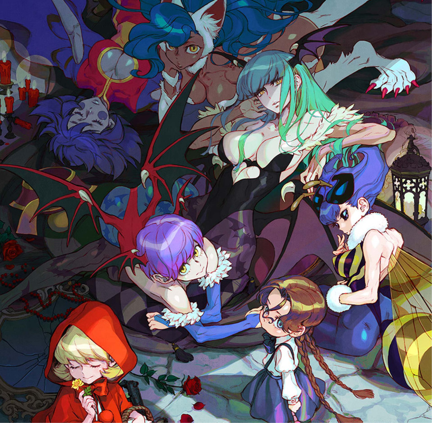 6+girls animal_ears animal_print anita_(vampire) arthropod_girl bat_print bee_girl breasts bulleta candle cat_ears claws cleavage demon_girl felicia_(vampire) flower fur head_wings highres hood jiangshi lantern lei_lei lilith_aensland monster_girl morrigan_aensland multiple_girls nishimura_kinu official_art print_legwear q-bee vampire_(game) wings