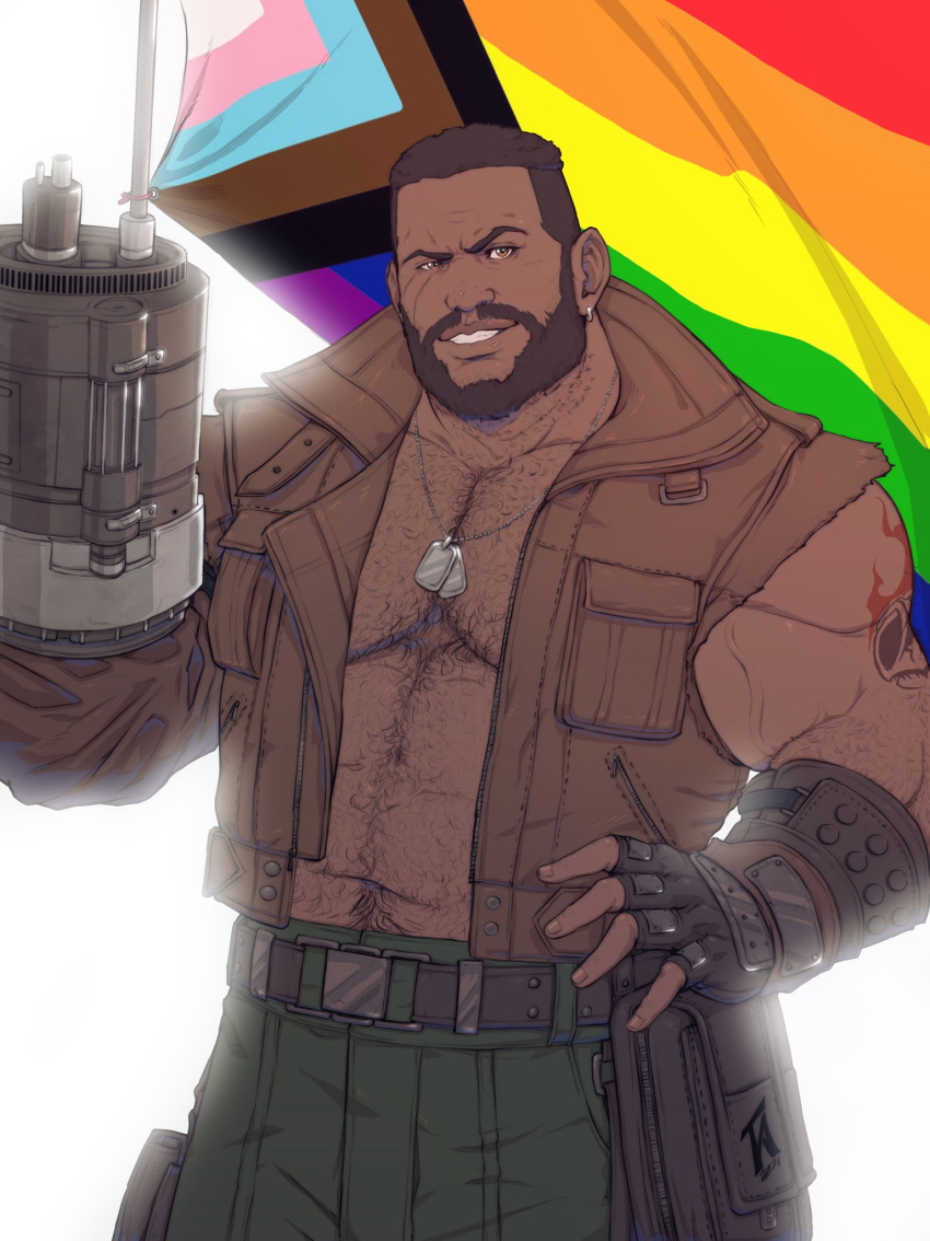 1boy abs amputee arm_hair bara barret_wallace beard brown_hair chest_hair dark-skinned_male dark_skin dog_tags earrings facial_hair final_fantasy final_fantasy_vii flag highres jacket jewelry large_pectorals leather leather_jacket lgbt_pride male_cleavage male_focus mature_male muscular muscular_male navel navel_hair pectorals rainbow_flag short_hair sleeveless sleeveless_jacket smile solo stomach terratlus very_dark_skin waving_flag