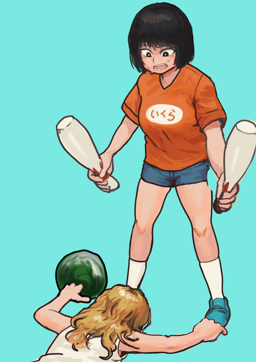 2girls absurdres aqua_background aqua_footwear ball bangs black_hair blonde_hair blue_shorts bowling_ball bowling_pin chanta_(ayatakaoisii) highres holding holding_ball long_hair multiple_girls orange_shirt original print_shirt shirt shoes short_hair short_sleeves shorts simple_background sleeveless sleeveless_shirt socks white_legwear white_shirt