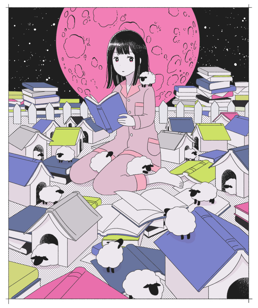 1girl bangs barefoot black_hair book bright_pupils buttons commentary_request counting_sheep doghouse fence full_body full_moon highres holding holding_book long_sleeves moon open_book original outdoors pajamas paper parted_lips pile_of_books pink_pajamas pocket red_eyes satou_odori sheep short_hair sky solo star_(sky) starry_sky white_pupils