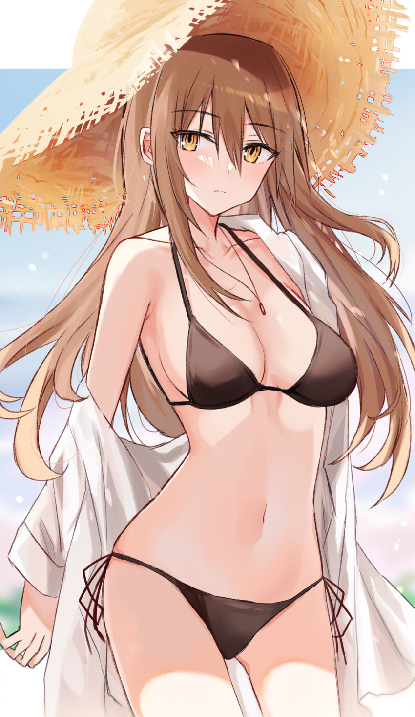 1girl bangs bare_shoulders bikini black_bikini blush breasts brown_eyes brown_hair brown_headwear cleavage closed_mouth collarbone commentary_request eyebrows_visible_through_hair hair_between_eyes hat highres kinona long_hair looking_at_viewer medium_breasts navel off_shoulder open_clothes open_shirt original shirt side-tie_bikini solo straw_hat swimsuit very_long_hair white_shirt
