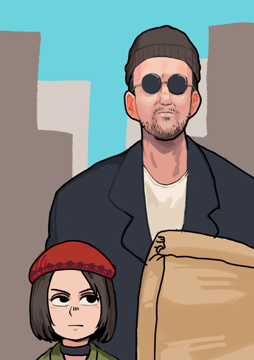 1boy 1girl absurdres bag beanie beard black_headwear black_jacket chanta_(ayatakaoisii) child facial_hair hat height_difference highres jacket leon_(leon_the_professional) leon_the_professional mathilda_lando red_headwear round_eyewear shirt sunglasses white_shirt