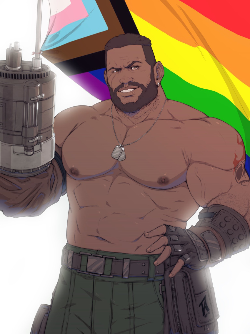 1boy abs amputee arm_hair bara barret_wallace beard brown_hair dark-skinned_male dark_skin dog_tags earrings facial_hair final_fantasy final_fantasy_vii flag highres jewelry large_pectorals lgbt_pride male_focus mature_male muscular muscular_male navel navel_hair nipples pectorals rainbow_flag shirtless short_hair smile solo stomach terratlus very_dark_skin waving_flag