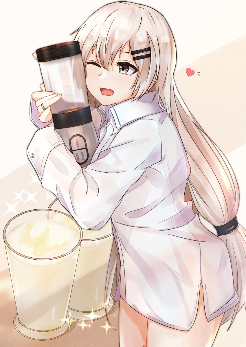 1girl absurdres bangs coffee_cup coffee_maker_(object) cup disposable_cup eyebrows_visible_through_hair feet_out_of_frame girls'_frontline grey_eyes heart heart_print highres holding jewelry long_hair looking_away muteppona_hito one_eye_closed open_mouth ring shirt silver_hair simple_background solo standing svd_(girls'_frontline) white_shirt